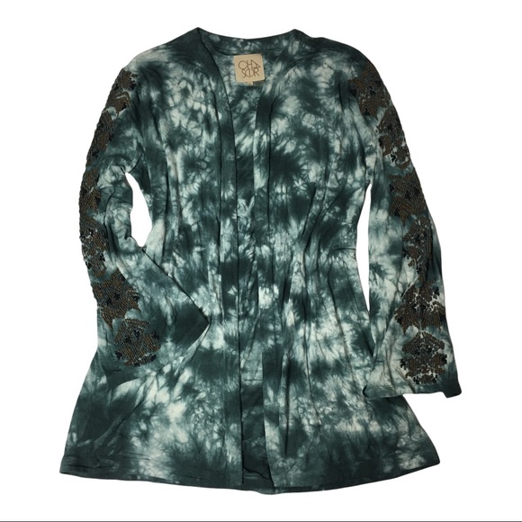CHASER Tie Dye Kimono Open Cadigan Duster Beaded Sleeves BOHO Small - Picture 9 of 12